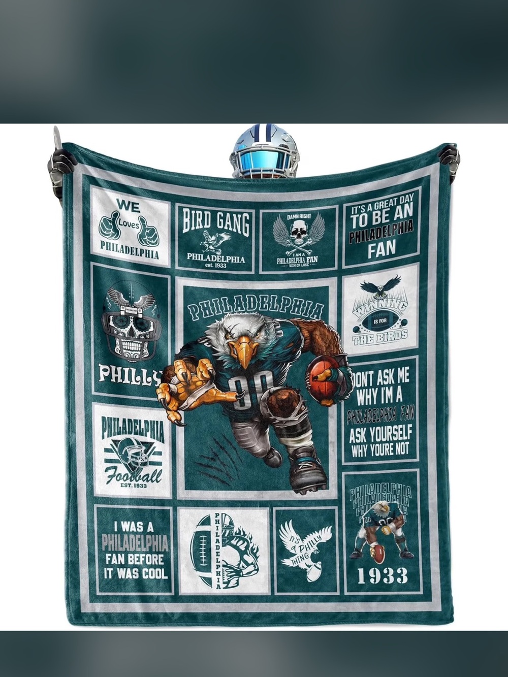 Philadelphia Eagle Football Throw Blanket - Teal and White 50x60